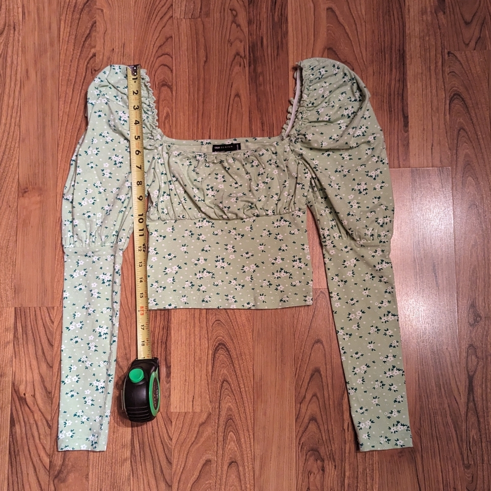 ASOS Square Neck Puff Sleeve Top in Green and White, Size 0 - Picture 2 of 7